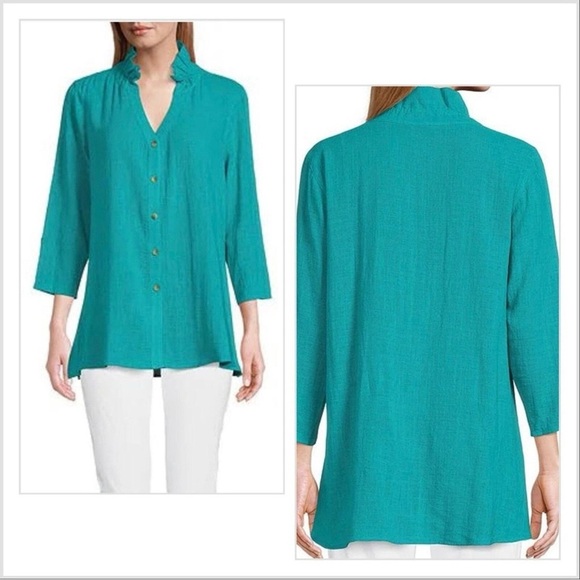 NWT MULTIPLES women’s top size 1X y-neck button front shirt blue green - Picture 1 of 12